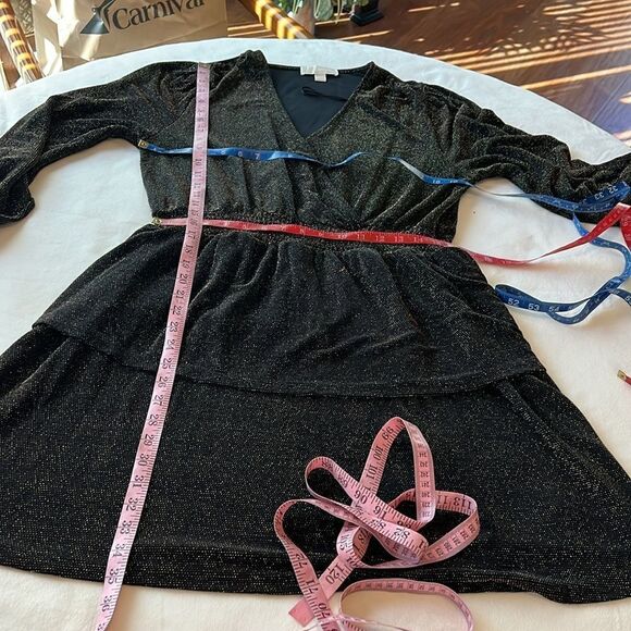 Michael Kors Womans Dress Sz 0X Bwown Gold VNeck Long Sleeve Ruffle Midi Stretch - Picture 11 of 11